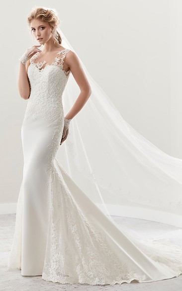 Illusion Cap Sleeve Sheath Lace Bridal Gown With Appliques And Open Back