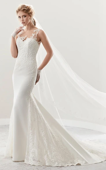 Illusion Cap Sleeve Sheath Lace Bridal Gown With Appliques And Open Back