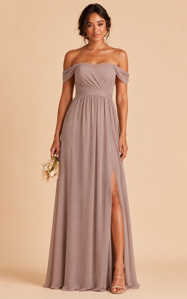 Taupe Off-the-Shoulder Chiffon A-Line Bridesmaid Dress