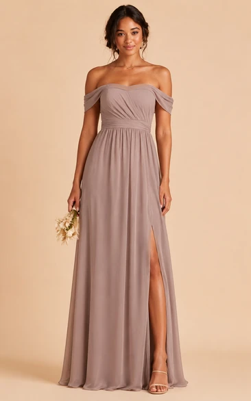 Taupe Off-the-Shoulder Chiffon A-Line Bridesmaid Dress