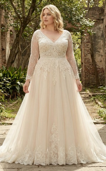 Simple V-Neck Long Sleeve Wedding Gown