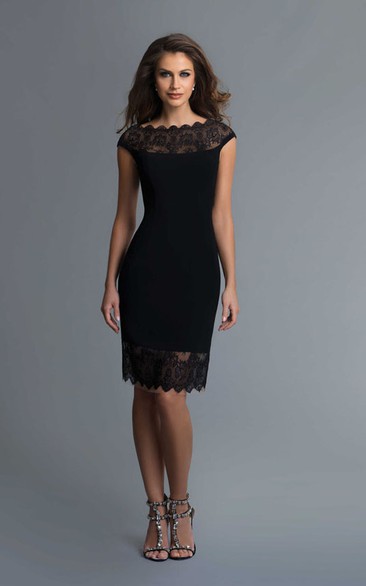 Pencil Knee-Length Bateau Cap-Sleeve Jersey Illusion Dress With Lace