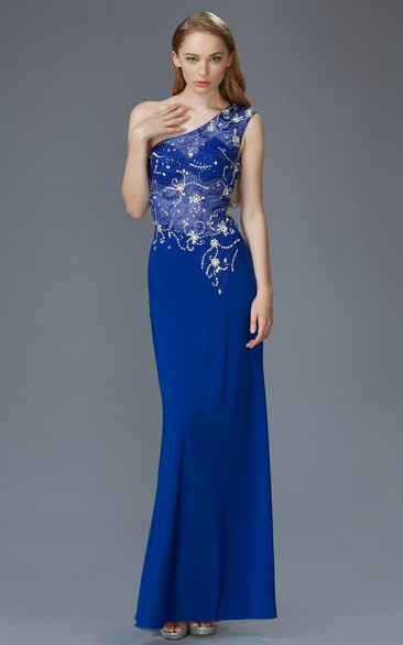 Sheath One-Shoulder Sleeveless Jersey Illusion Dress With Beading
