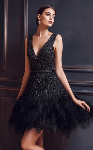 Black Beaded V-neck Sleeveless Sexy A-line Evening Dress with Furs