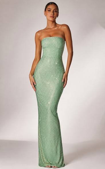 Sequin Prom Dress in Mint Green, Strapless Sheath Floor-Length Gown with Sequins