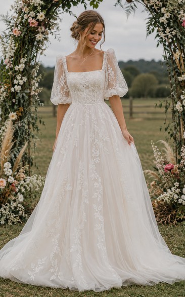 Boho Romantic Square Neck Wedding Dress with Puff Sleeves, Floral Lace Tulle Skirt & A-Line Train