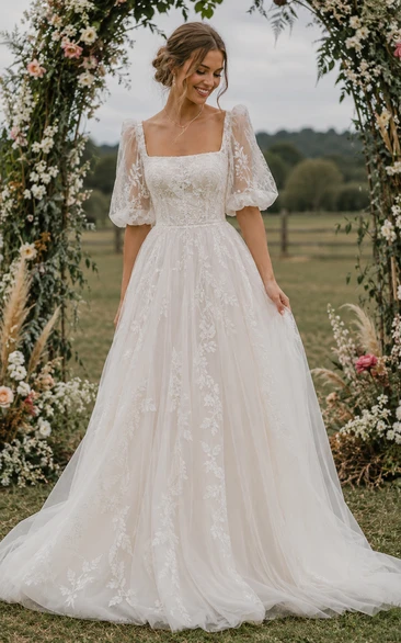 Boho Romantic Square Neck Wedding Dress with Puff Sleeves, Floral Lace Tulle Skirt & A-Line Train