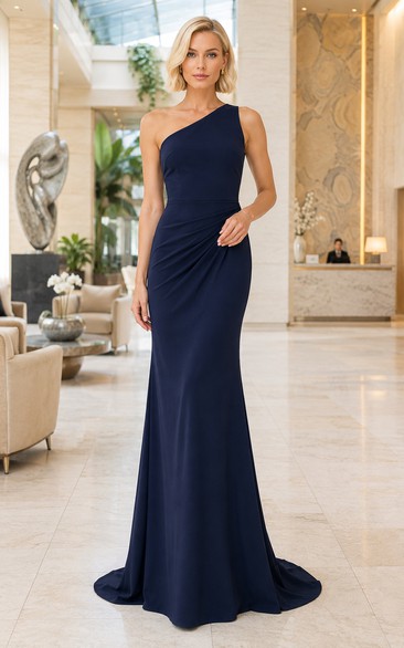 Dark Navy One-Shoulder Sheath Formal Dress with Ruched Waist and Sweep Train for Evening
