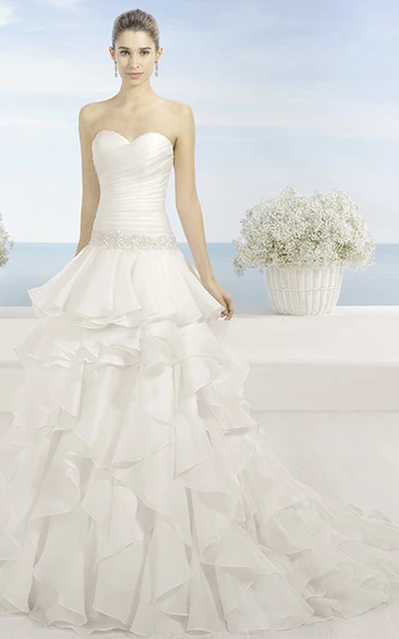 A-Line Sweetheart Ruffled Floor-Length Organza Wedding Dress With Criss Cross And Waist Jewellery