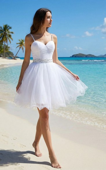 Beaded Spaghetti Strap Short Organza Dress