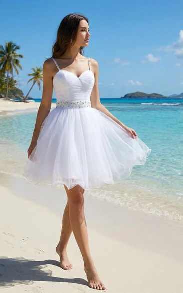 Beaded Spaghetti Strap Short Organza Dress