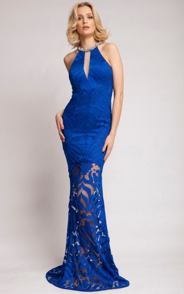 Pencil High Neck Beaded Sleeveless Maxi Lace Prom Dress With Zipper Back And Sweep Train