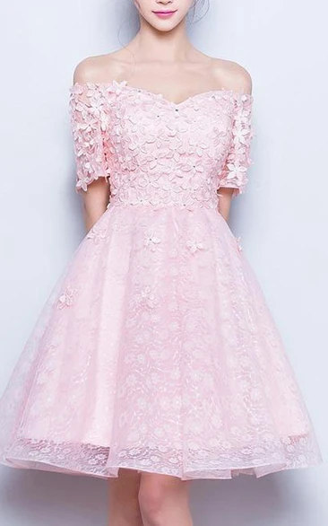 Off-The-Shoulder Beaded Flowers Pink Prom Dress