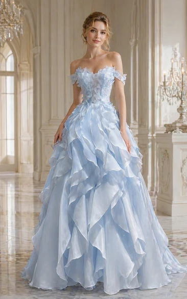 Pastel Blue Strapless Evening Gown with Ruffles