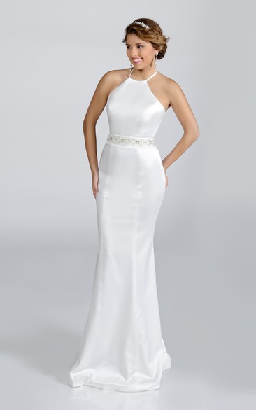 Sheath Satin Halter Wedding Dress With Crystal Detailed Waist
