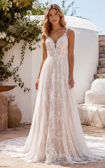 Boho Beach Lace Wedding Dress with Spaghetti Straps, Plunging V-Neck & Lightweight A-Line Train