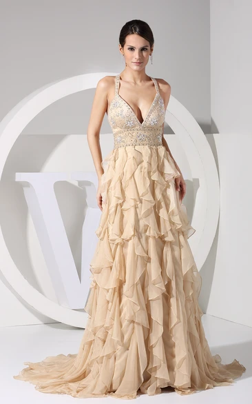 Plunged Ruffled Chiffon Dress With Beaded Top