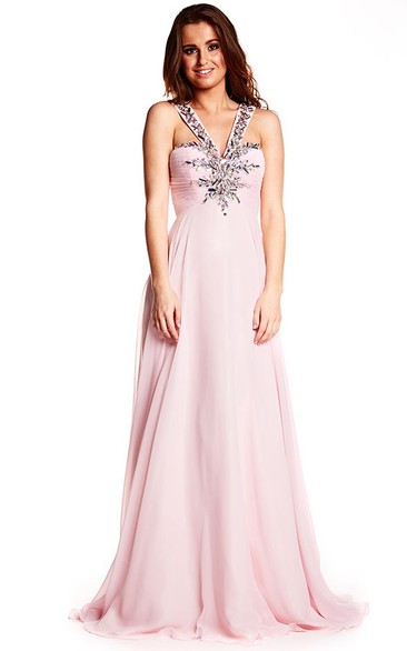 Ruched Sleeveless Strapped Chiffon Prom Dress
