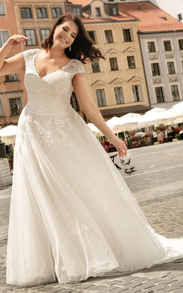 Charming Plus Size V-neck A Line Wedding Dress with Appliques