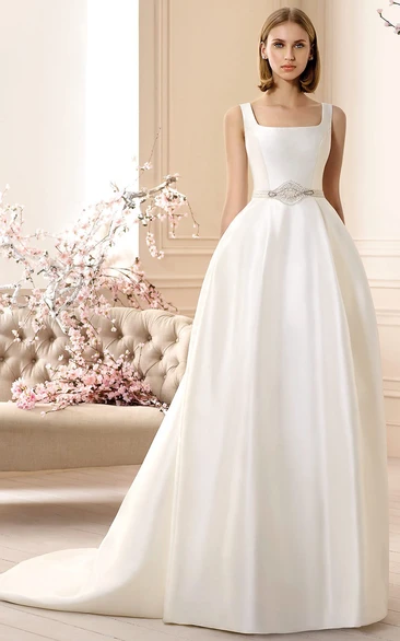 A-Line Sleeveless Square-Neck Jeweled Long Satin Wedding Dress