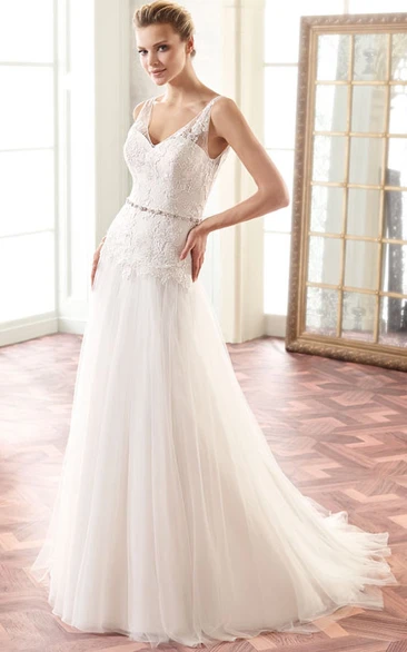 A-Line Floor-Length Sleeveless Appliqued V-Neck Lace Wedding Dress With Pleats And Waist Jewellery