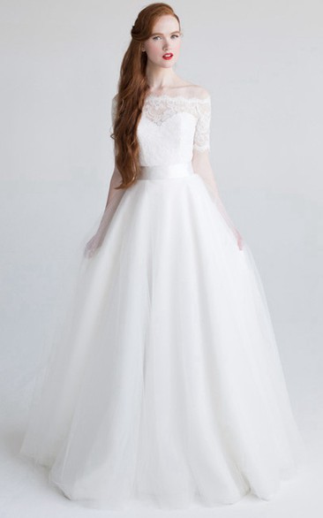 Ball Gown Floor-Length Appliqued Short-Sleeve Off-The-Shoulder Tulle&Satin Wedding Dress With Bow