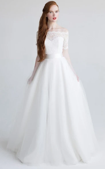 Ball Gown Floor-Length Appliqued Short-Sleeve Off-The-Shoulder Tulle&Satin Wedding Dress With Bow