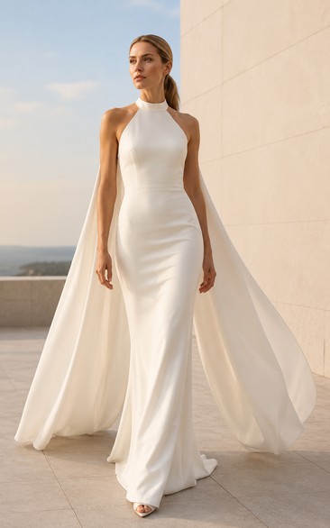 Vestido de novia de satén con escote halter y paneles tipo capa Watteau.