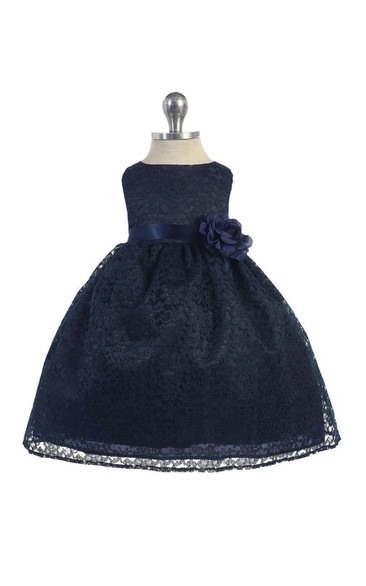 Bateau Neck Sleeveless Pleated Lace Ball Gown With Flower and Bow