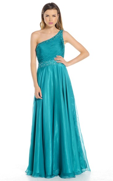 One-Shoulder Ruched Sleeveless Chiffon Prom Dress With Beading And Straps