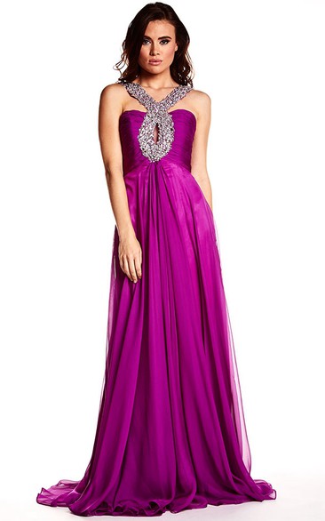 Floor-Length Beaded Strapped Sleeveless Chiffon Prom Dress