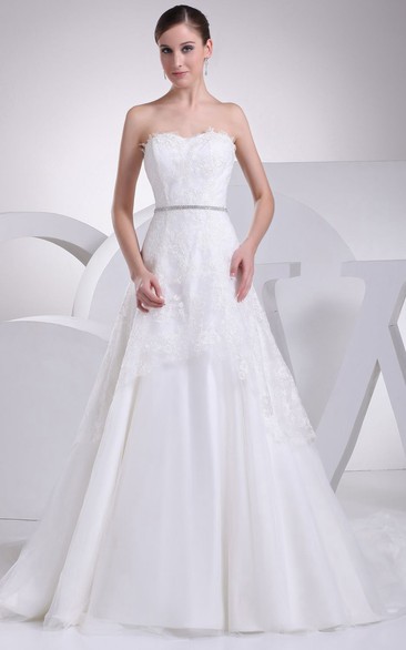 Sweetheart A-Line Ball Gown With Beaded Waist and Lace Appliques