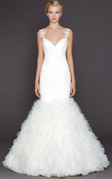 Mermaid Sleeveless Appliqued Floor-Length Spaghetti Lace Wedding Dress With Deep-V Back And Ruffles