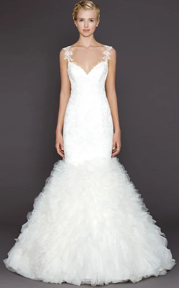 Mermaid Sleeveless Appliqued Floor-Length Spaghetti Lace Wedding Dress With Deep-V Back And Ruffles
