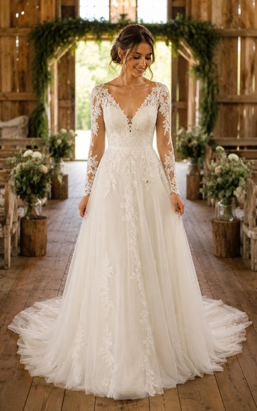 Long Sleeve V-Neck A-Line Lace Country Wedding Dress with Low V Back