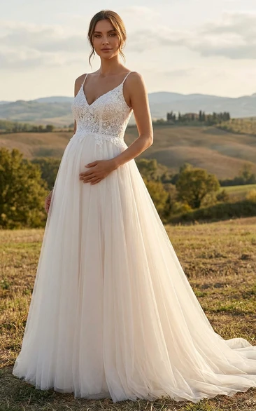 White Lace V Neck Maternity Wedding Dress with Tulle Train