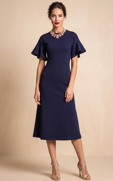 High Neck Short Bell Sleeve A-line Tea Length Jersey Dress