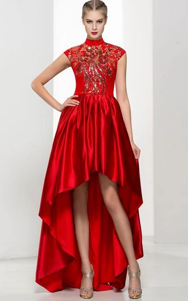 High Neck Cap Sleeves Appliques Beading Asymmetry Prom Dress