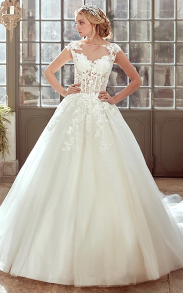 Cap-Sleeve Wedding Dress with Pleated Tulle Skirt and Lace Corset