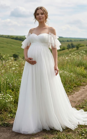 Off Shoulder Tulle Maternity Wedding Dress with Ruffle Sleeves and A-Line Skirt