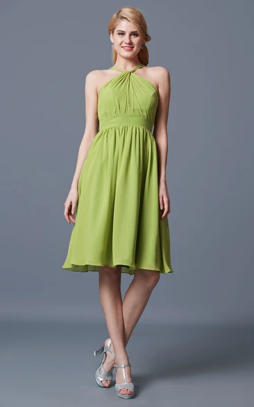 Sleeveless Halter Neck Short Chiffon Dress With Pleats