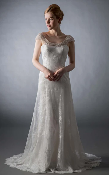 A-Line Scoop-Neck Cap-Sleeve Beaded Floor-Length Lace Wedding Dress With Appliques And Deep-V Back