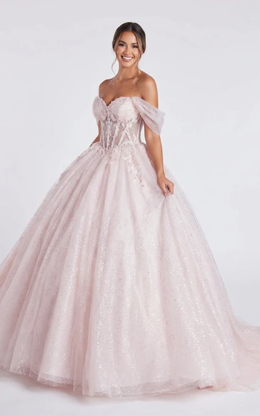 Blush Pink Quinceanera Glitter Tulle Ball Gown Off Shoulder Corset Prom Dress