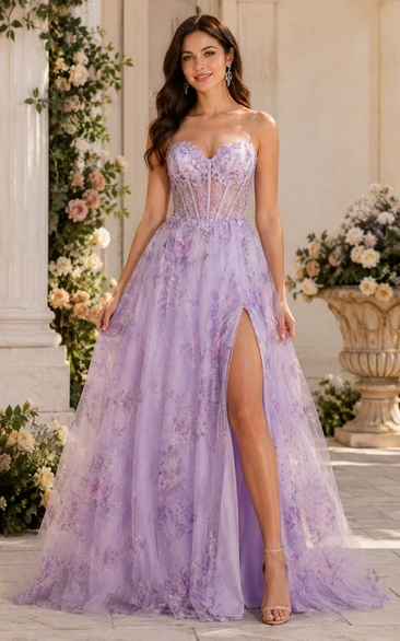 Tulle Prom Dress in Lavender, Spaghetti Strap, Sweetheart A-Line Floor-Length Gown with Appliques