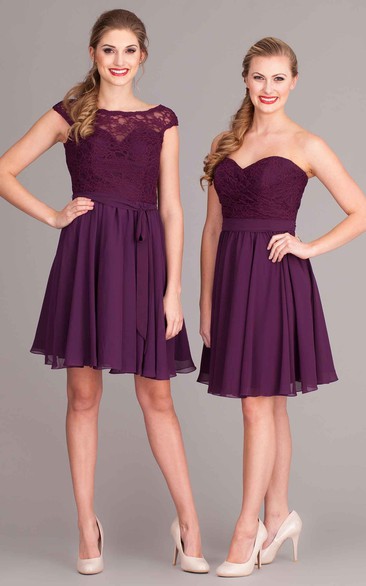 Short Scoop Cap-Sleeve Lace Chiffon Bridesmaid Dress With Pleats