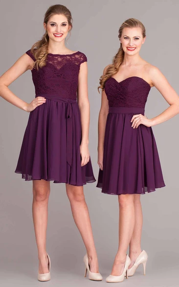 Short Scoop Cap-Sleeve Lace Chiffon Bridesmaid Dress With Pleats