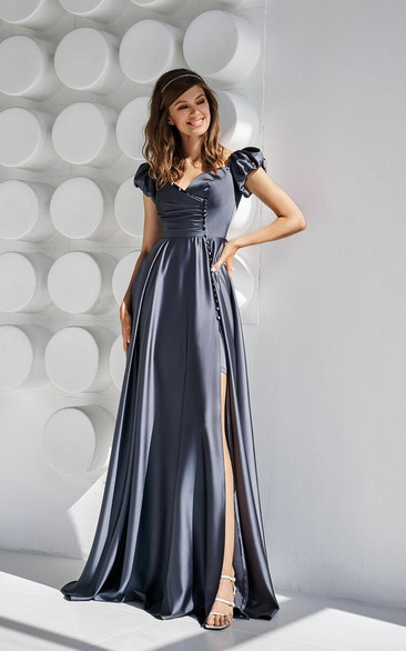 Silver Cap Cowl-neck Ruched A-line Front Split Dress