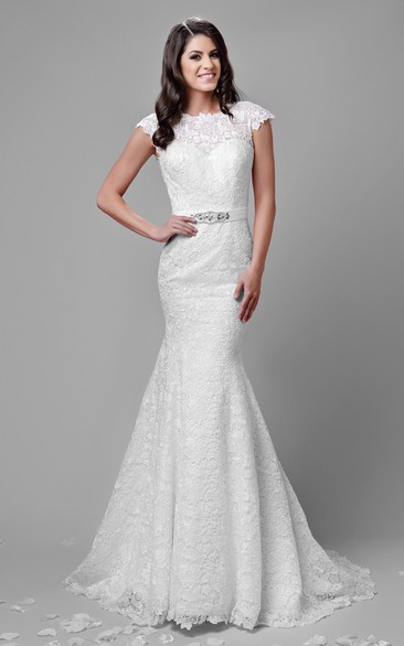Cap Sleeve Mermaid Lace Wedding Dress With Deep V-Back
