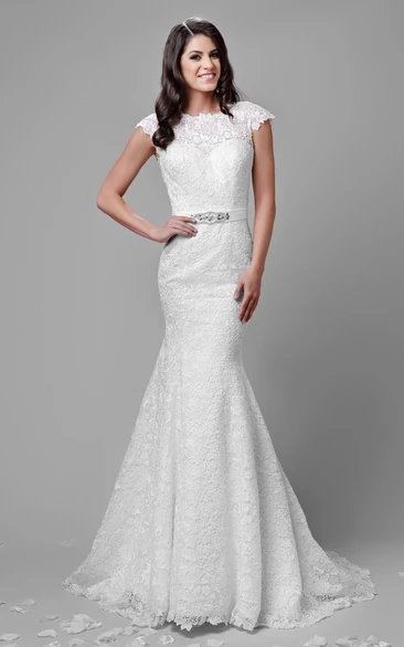 Cap Sleeve Mermaid Lace Wedding Dress With Deep V-Back