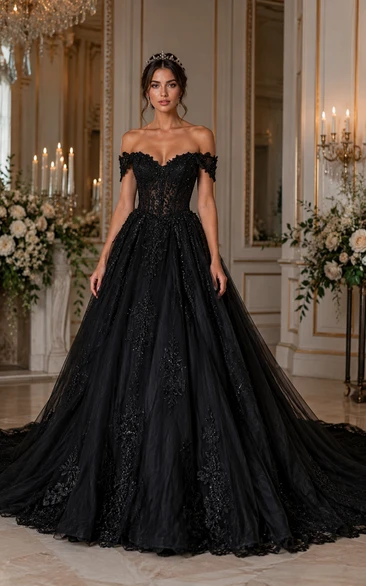 Off-the-Shoulder Black Lace Ball Gown Wedding Dress